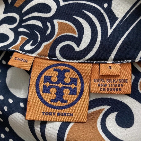 Tory Burch Silk Top Sz 4 Navy Brown Abstract Print Fall Colors Classic Tailored - Picture 3 of 10